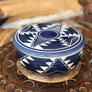 Vintage Southwest Ceramic Lidded Bowl - Blue Glazed Tribal Bowl with Lid - Ceramic Pottery Dish - Gift Idea
