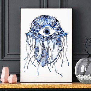HAMSA HAND JELLYFISH - Hand Painted Watercolor Jellyfish - Beautifully Printed Hamsa Art on 5x7 8x10 11x14 Linen Paper - Unique Gift Idea