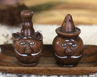 Vintage Handmade Clay Salt and Pepper Shakers - Quirky Decorative Salt and Pepper Set - Unique Gift Idea