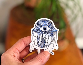 Handpainted Vinyl Refrigerator Magnet, Hamsa Hand Jellyfish Sticker, 2.25" x 3" Die Cut Jellyfish Sticker, Unique Gift Idea