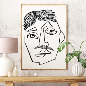 Mustache Man Portrait Art Print - Black + White Picasso Style Portrait Wall Printed on Beautiful Paper - 5x7 8x10 11x14 16x20 - Gift Idea