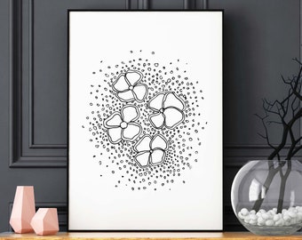 Minimal Black and White Flowers Fine Art Print - Chinese Folk Art Flowers Hand Drawn and Printed on Beautiful Matte Paper - 5x7 8x10 11x14