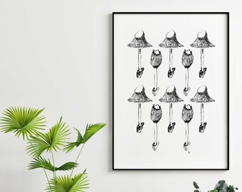 Mushroom Painting, Mushroom Wall Art, Hand Painted Mushroom, Mushroom Art, Dorm Room, Gallery Wall, Art Prints, Black and White Art