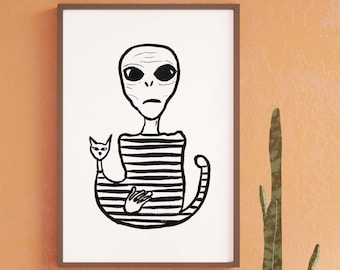 Alien Art Print - Alien and Cat Hand-Painted and Printed on Beautiful Matte Paper - 5x7 8x10 11x14 16x20 - Funny Alien Gift