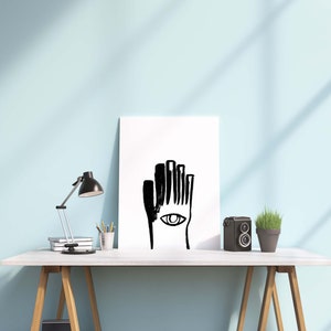 Seeing Eye Hand Black + White Fine Art Print,Hand Painted Seeing Eye Hand Printed on High Quality Matte,5x7 8x10 11x14,Eye Art,Unique Gift