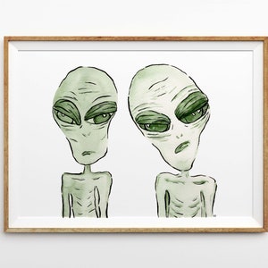 Watercolor Aliens Art Print - Hand Painted Green Watercolor Alien Illustration Printed on Linen Paper - 5x7 8x10 11x14 - Alien Gift Idea