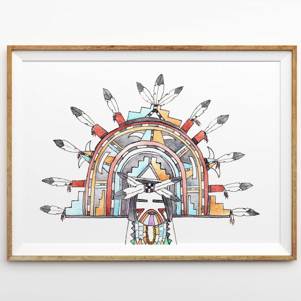 Hopi Inspired Kachina Art Print - Southwest Hopi Kachina Inspired Chief Printed on Linen Paper 5x7 8x10 11x14 - Southwestern Pueblo Art