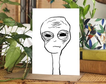 Hand Painted Alien Printed Greeting Card with Envelope - Black + White Alien Greeting Card Set -5x7 Card Set with Envelopes