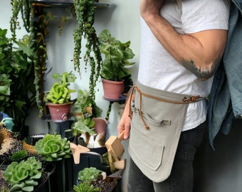 HANDMADE APRON - One Of A Kind Grey Washed Cotton and Leather Apron -Youth and Adult 5 Pocket Minimal Apron - High or Low-Waisted Apron