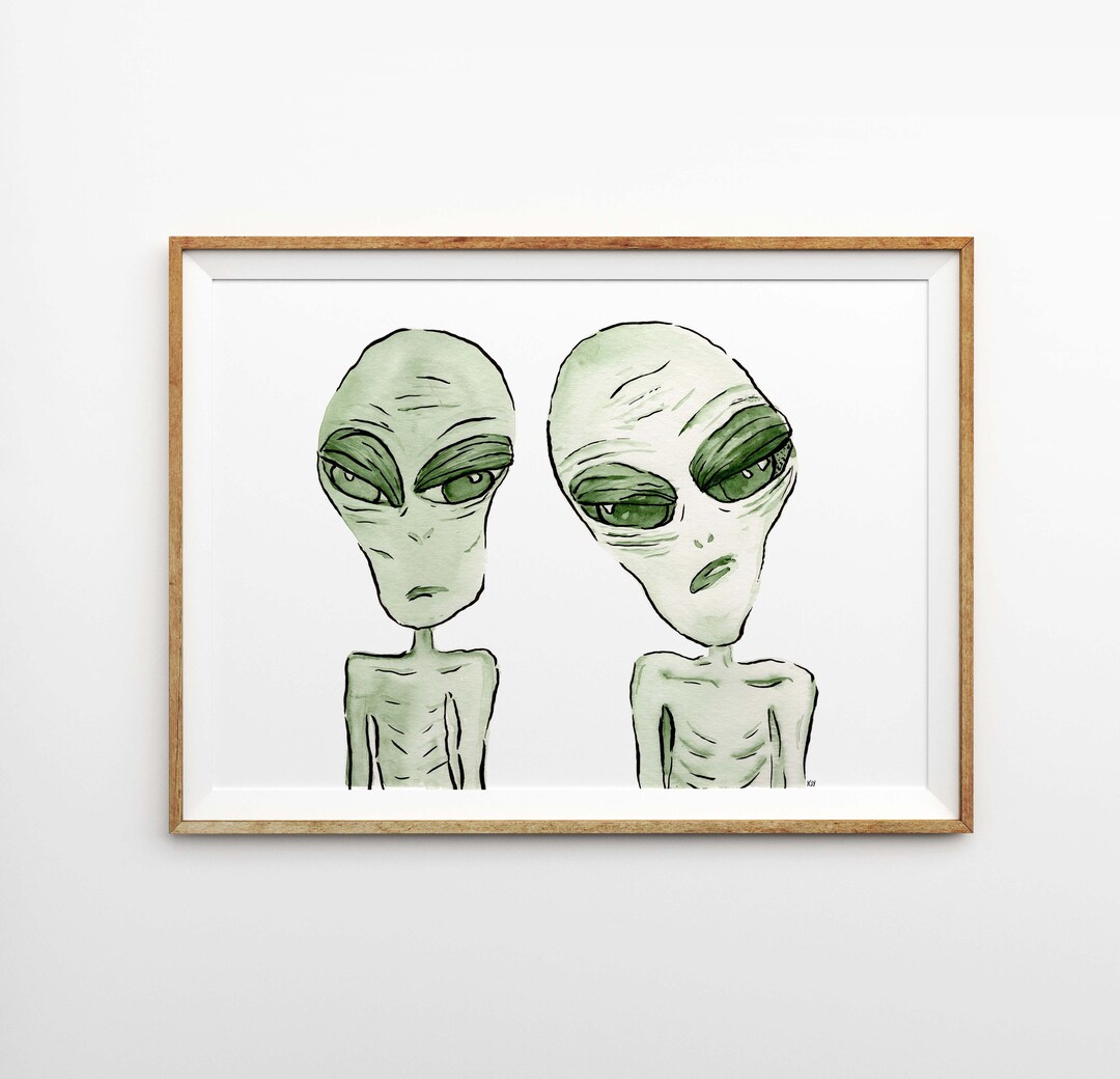 Watercolor Aliens Art Print - Hand Painted Green Watercolor Alien ...
