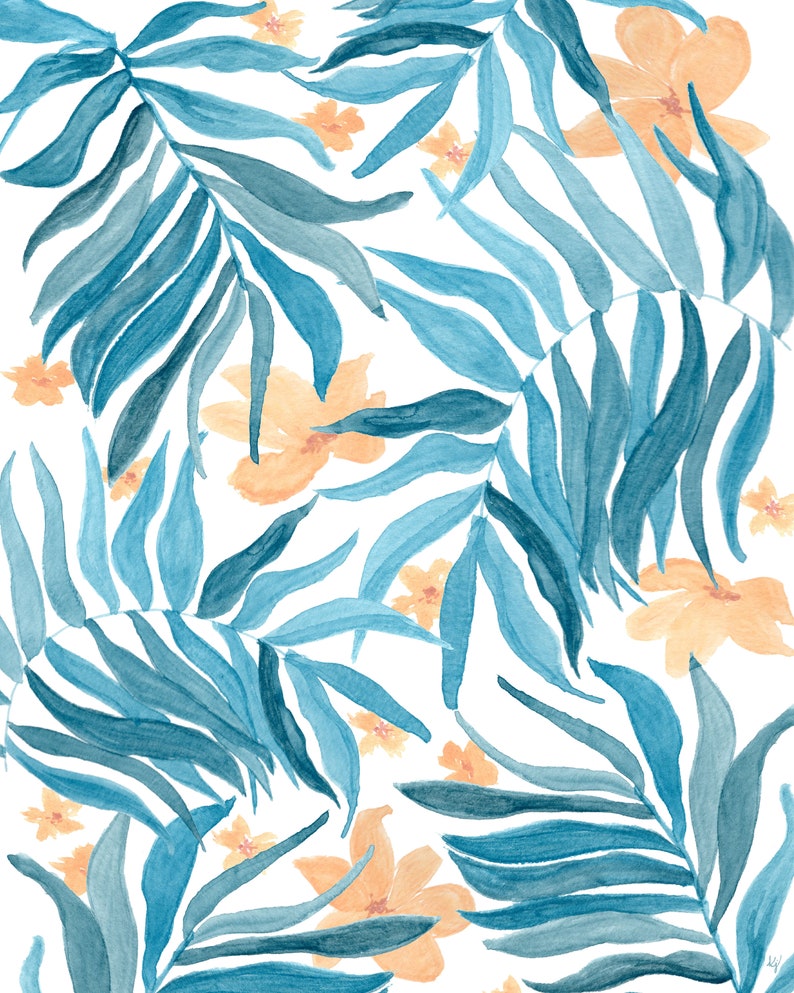 Palm Decor Blue Palm Hand Painted Print Watercolor Palm Painting Palm Leaf Painting Tropical Print Gallery Wall Tropical Wall Art