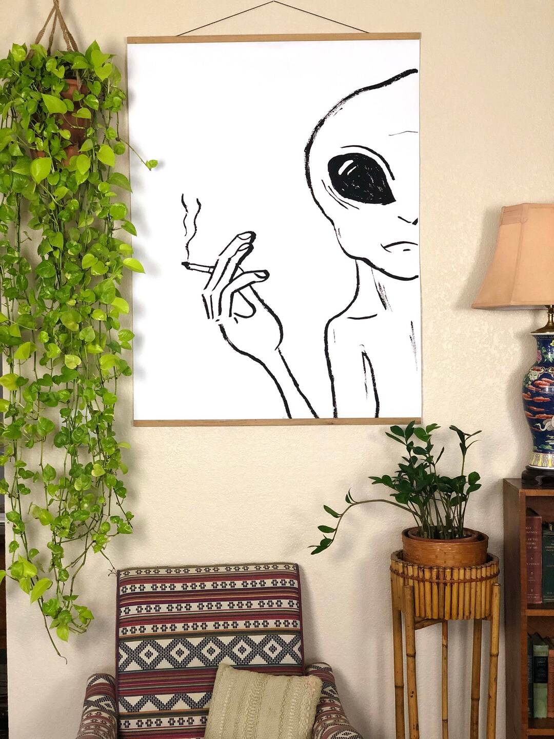 Smoking Alien Large Engineer Print - Hand Painted Minimal Smoking Alien ...