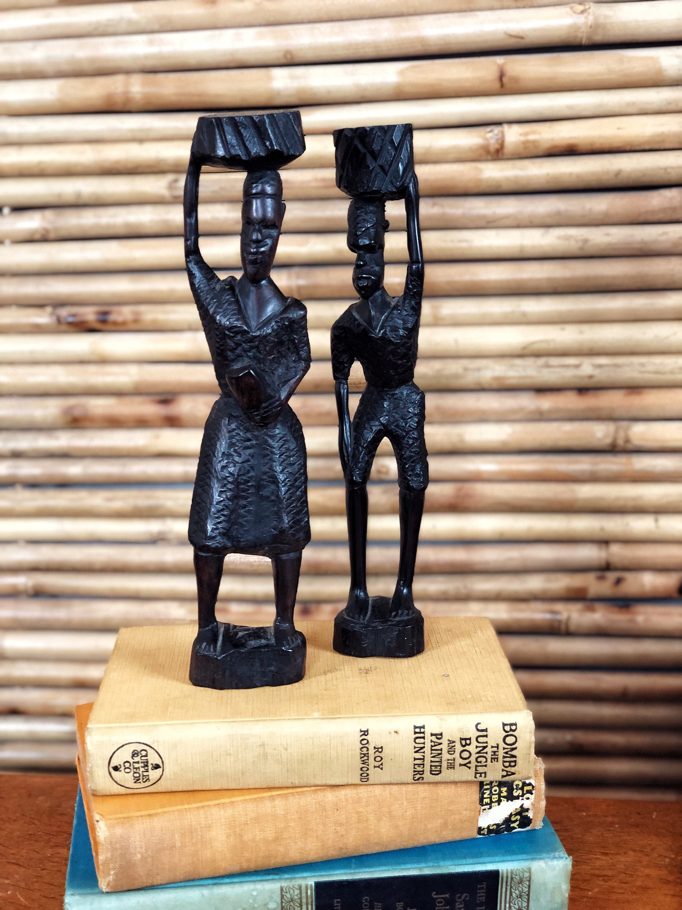 VINTAGE Hand Carved African Figurines, Set of 2 Kenyan Wood Art
