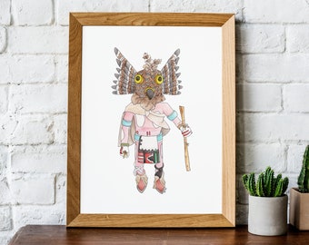 Hopi Kachina Eagle Inspired Art -Hand Painted Watercolor Native American Hopi Kachina Style Art Printed on Linen Paper- 5x7 8x10 11x14 16x20