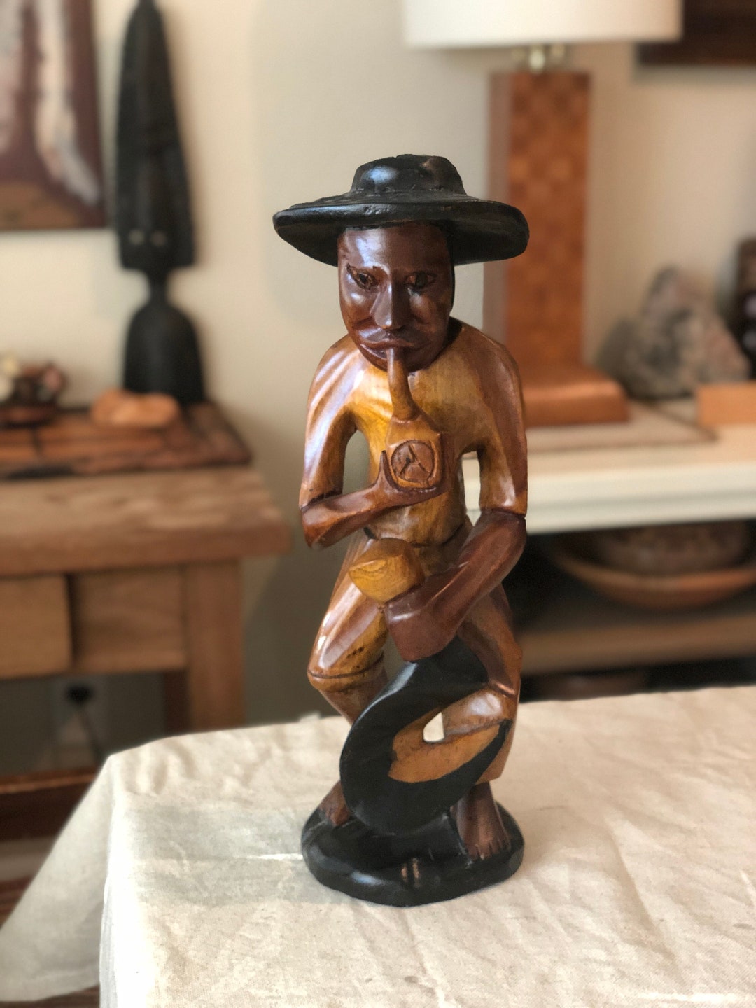 Vintage Wooden Statue Hand Carved Wooden Man With Hat and Pipe Unique