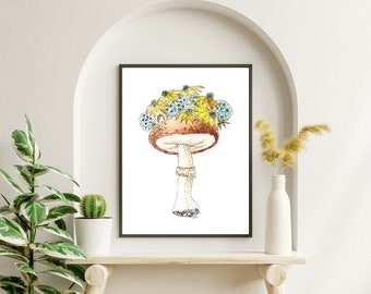 Watercolor Botanical Mushroom Art Print by Kate Yarter - Mushroom Flowers Painting Printed on Linen Paper -5x7 8x10 11x14 -Mushroom Wall Art