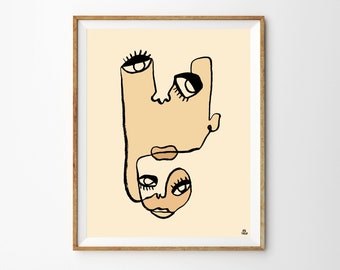 Contour Faces Digital Painting Fine Art Print - Face Studies Contour Line Portrait Printed on Linen Paper - 5x7 8x10 11x14 - Home Decor