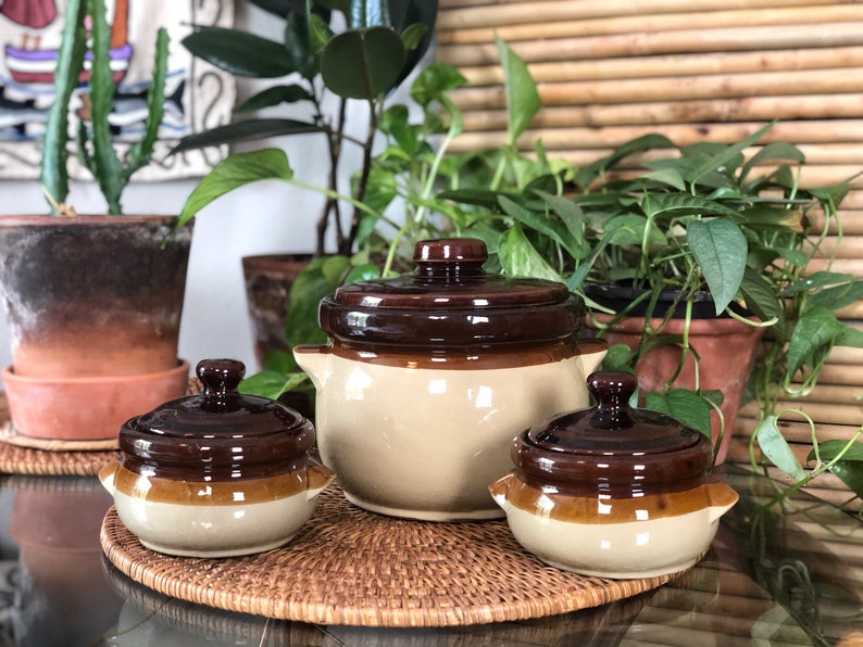 Set Of 3 Vintage Stoneware Soup Crocks With Lids Neutral And Etsy