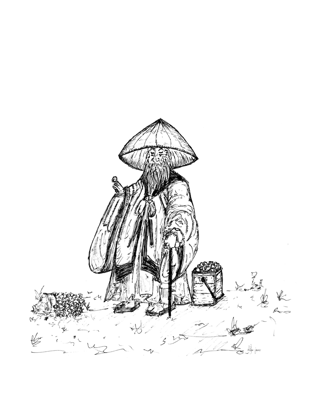 Monk and Mushrooms Illustration Art Print Hand Illustrated Mushroom and