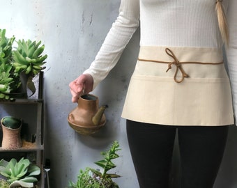 HANDMADE APRON - One Of A Kind Cotton and Leather  Waist Apron for Artisans and Gardeners - Youth & Adult 5 Pocket Apron - Minimal Apron
