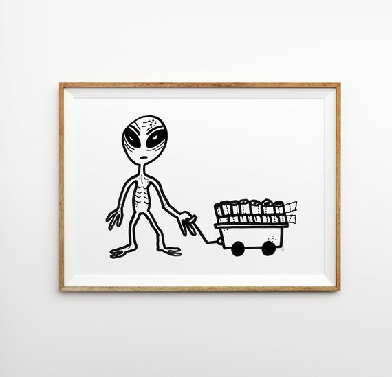 Funny Alien Toilet Paper Art Print - Toilet Paper Outage 2020 Alien Art Printed on Matte - 5x7 8x10 11x14 - Funny Bathroom Art
