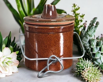 1970's Vintage Stone Canister with Lid - Handmade Brown Glaze Stone Cannister - Unique Gifts - Rustic Decor