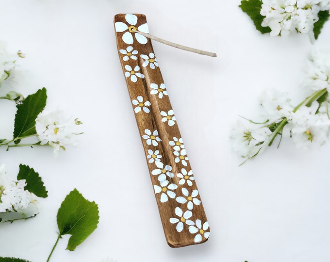 Handmade Wooden Incense Holder- Hand Painted White Daisies Bohemian Incense Holder - Unique Gift Idea - Handmade Home Décor