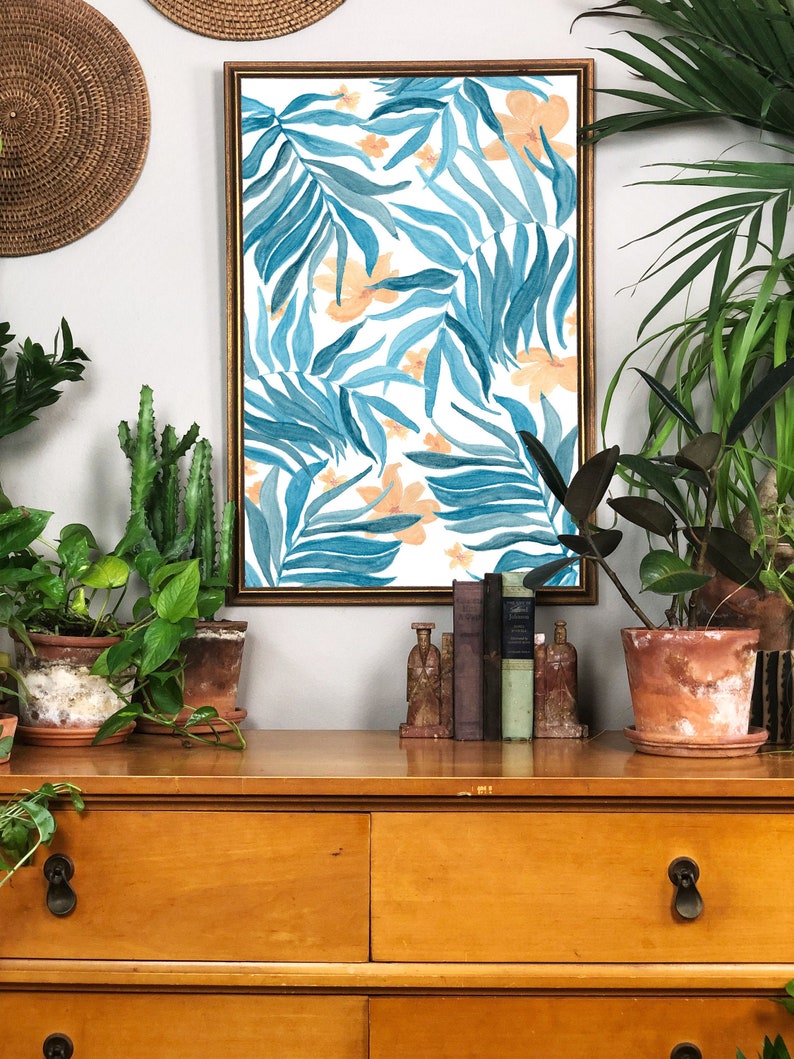 Palm Decor Blue Palm Hand Painted Print Watercolor Palm Painting Palm Leaf Painting Tropical Print Gallery Wall Tropical Wall Art