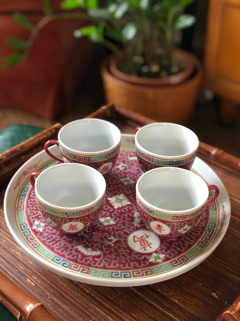 Vintage Chinese Tea Cups and Plate Set Beautiful Asian 4 Oz Etsy