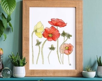 Watercolor Poppy Flowers Art Print by Kate Yarter - Hand Painted and Illustrated Poppies Printed on Linen Paper - 5x7 8x10 11x14 -Unique Art