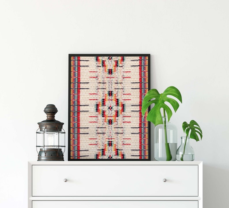 Handwoven Tapestry Art Print Beautiful Art Print of Vintage White and Red Multi Color Tapestry Printed on Linen Paper 5x7 8x10 11x14 image 1
