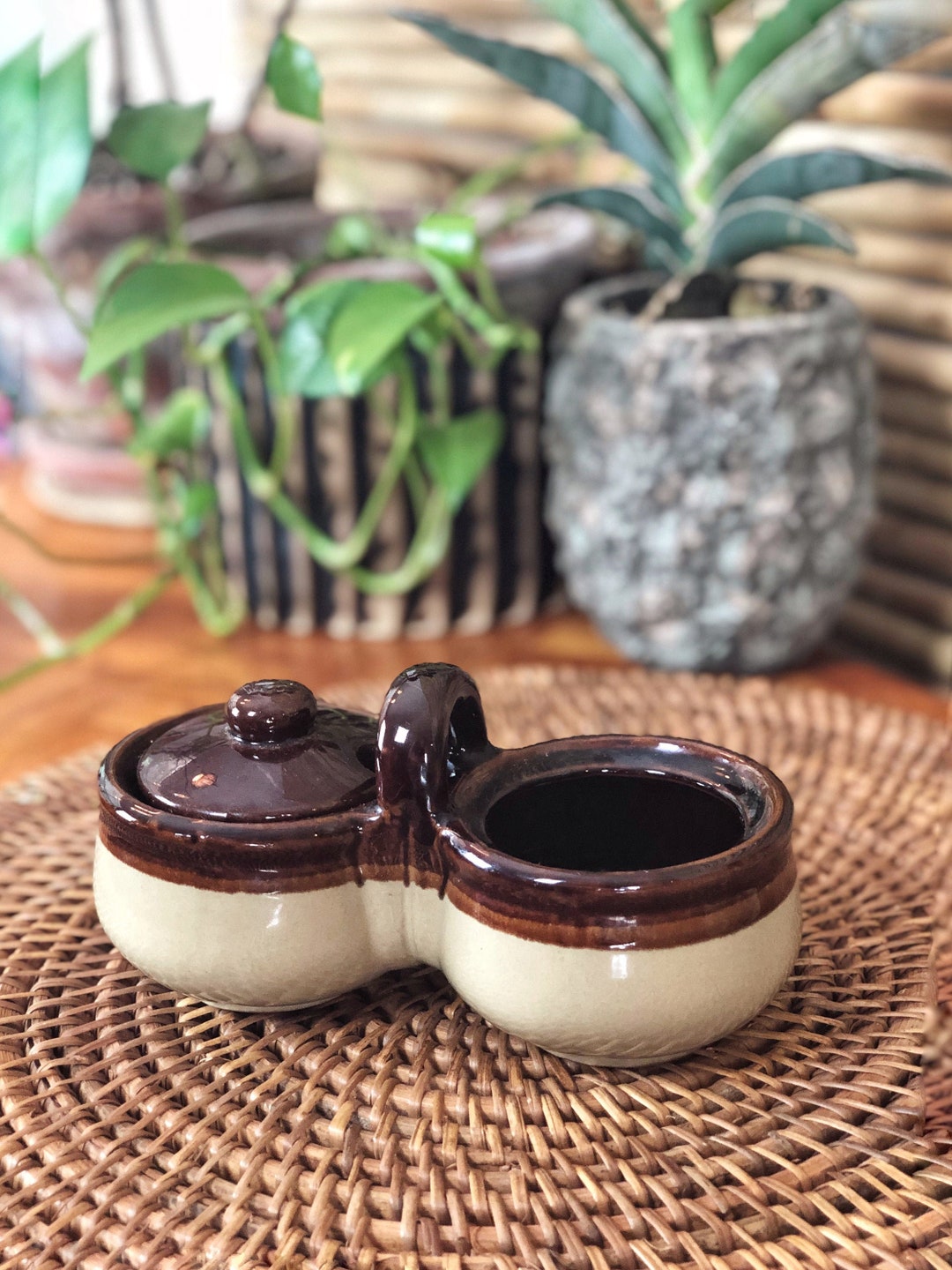 Vintage Sugar Creamer Holder With Lid Brown Glazed Ceramic Etsy