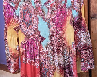 New colorful happy tunic top multi-fun Spense Medium pucker bodice