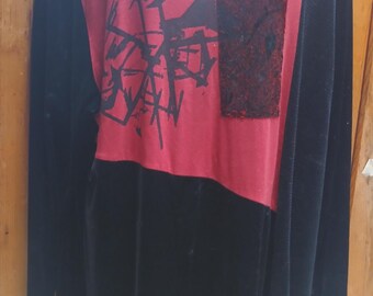Designer AHNI vintage long tunic Asian flair velvet art to wear unique Large red/black