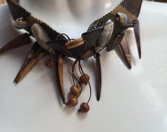 Primitive choker macrame with shells wood  necklace vintage Costa Rican artist