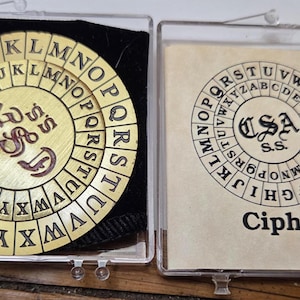 May include: A brass Confederate Cipher Disc replica in a clear plastic case. The disc features an outer ring of letters and a central design with the letters "CSA" and "S.S.". The case also contains a printed card with the same design and the text "Cipher Disc".