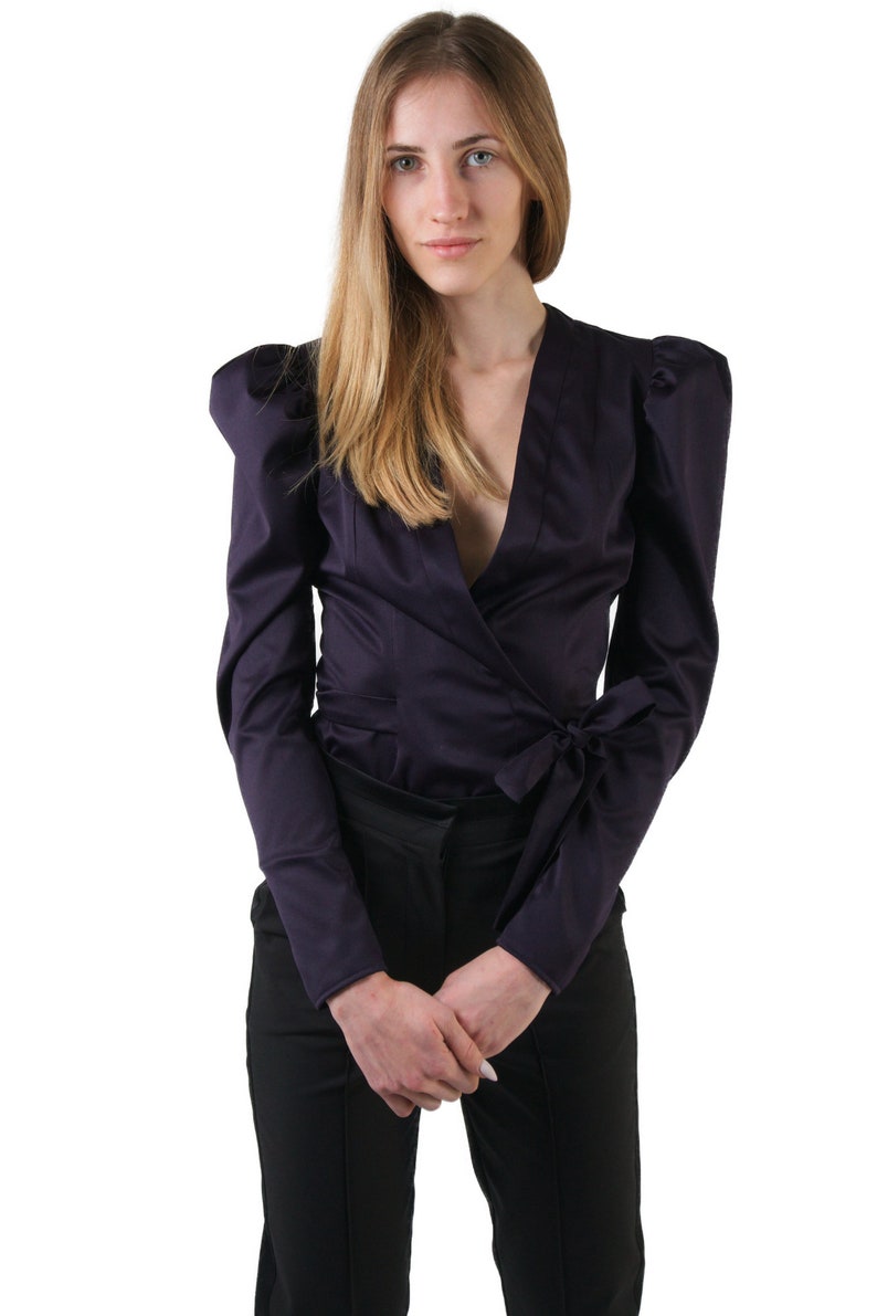 Cocktail Outfit V-neck Top Elegant Tailored Shirt Festival Top Long Sleeve Satin Soft Office Shirt Purple Women/'s Bouffant Ladies Shirt