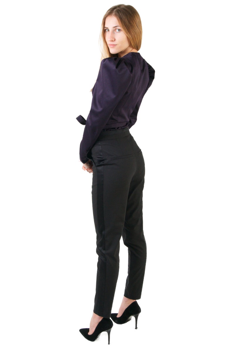 Cocktail Outfit V-neck Top Elegant Tailored Shirt Festival Top Long Sleeve Satin Soft Office Shirt Purple Women/'s Bouffant Ladies Shirt