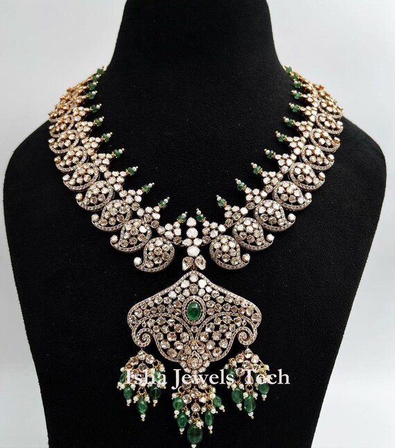 Necklace Natural Rosecut Diamond Uncut Diamond Emerald 925 Sterling Silver Diamond Necklace Jewelry