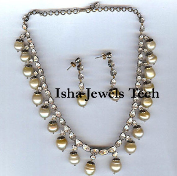 Natural Uncut Diamond Polki Pearl 925 Sterling Silver Necklace