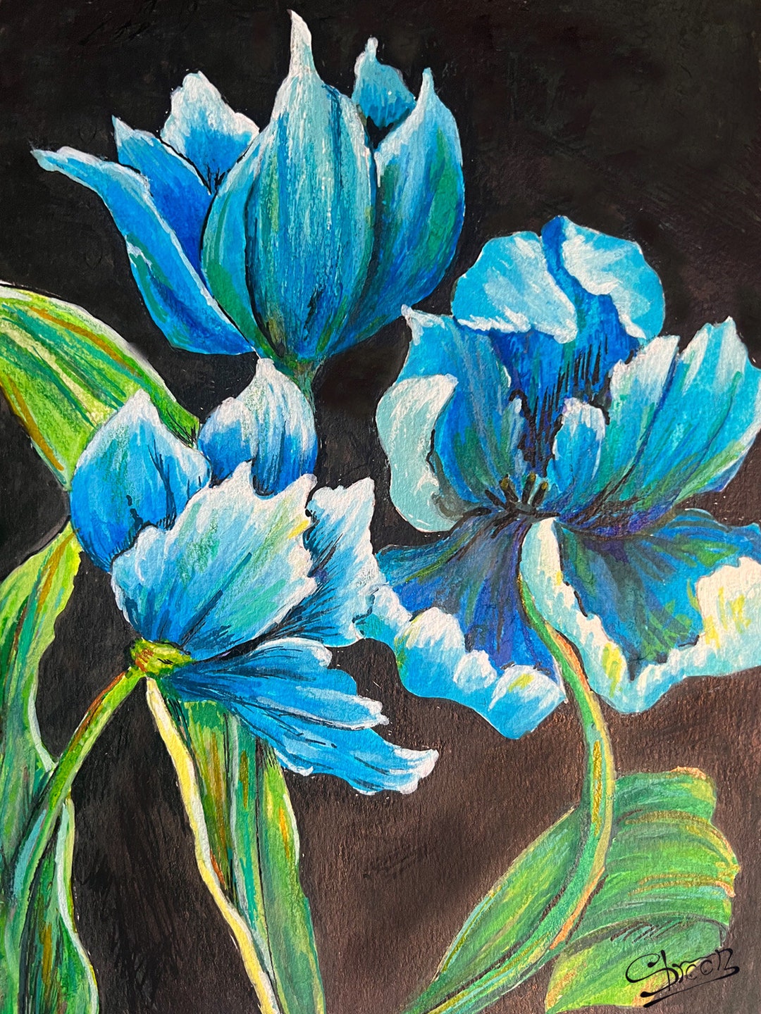 Limited Edition Print of Original Acrylic Painting of Blue Tulips for ...