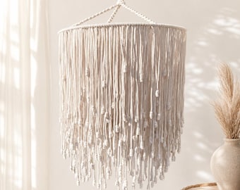 Handmade Macrame Icicle Chandelier – Boho Pendant Light, Natural Cotton Hanging Lamp, Custom Sizes & Colors, Modern Bohemian Home Decor