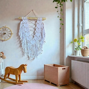 White Heart Pattern Panel on Wooden Macramé Stick - Unique Home Decor