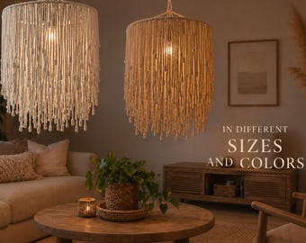 Lámpara de araña de macramé hecha a mano con forma de carámbano – Lámpara colgante bohemia, lámpara colgante de algodón natural, tamaños y colores personalizados, decoración moderna bohemia para el hogar.