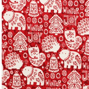 May include: Red and white winter-themed fabric with a repeating pattern. The design includes stylized bears, foxes, hedgehogs, Christmas trees, bells, snowflakes, and the words "Winter" and "Joy". The overall aesthetic is festive and decorative.