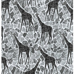 May include: A seamless pattern featuring black and white giraffes on a white background. The giraffes are drawn in a simple, stylized manner and are surrounded by a variety of abstract shapes and patterns.