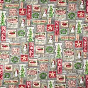 May include: A repeating pattern of Christmas-themed signs and symbols on a grey woodgrain background. The signs feature red, green, and white colours and include phrases like "Christmas", "Joy", "Peace", and "N.E.L."