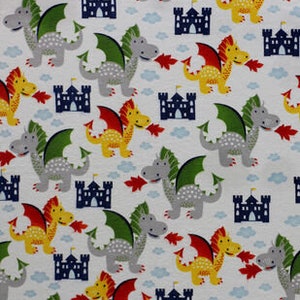 May include: White fabric with a repeating pattern of gray, yellow, and red dragons flying over blue castles. The dragons have green and red wings and are blowing fire.