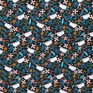 May include: A repeating pattern on a black background featuring white sloths hanging from brown branches. The design includes pink, orange, and yellow flowers, along with blue and green leaves. The overall theme is a whimsical, nature-inspired design.