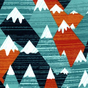 Könnte beinhalten: Ein nahtloses Muster mit einem sich wiederholenden Design aus stilisierten Bergen mit weißen Gipfeln vor einem Hintergrund aus blauen und orangefarbenen Streifen.